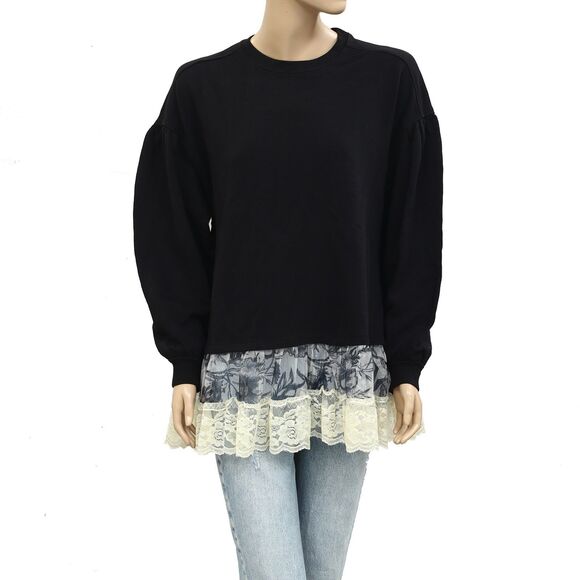 By Anthropologie Tulle-Hem Pullover Sweatshirt Top Cotton Black 1XPS NEW 283847 - Picture 5 of 8
